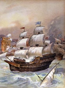 Jean Angos flåde blokerer Tejo og truer Lissabon, ca. 1909 (illustration) af Albert Robida