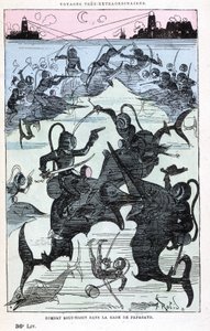 Undervandskamp i bugten Papagayo (scaphandlere rider på fisk), parodi på Jules Verne, "" Meget ekstraordinære rejser af Saturnin Farandoul i 5 eller 6 dele af verden og i alle lande kendt eller ukendt for Mr. Jules Verne" af Robida, Paris af Albert Robida