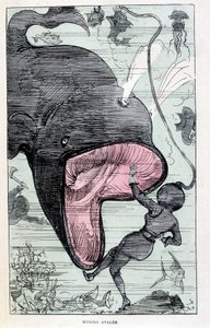 Kvinde i en scaphandler, der bliver slugt af en hval, parodi på Jules Verne, "" Meget ekstraordinære rejser af Saturnin Farandoul i 5 eller 6 dele af verden og i alle lande kendt eller ukendt for M. Jules Verne" af Robida, Paris af Albert Robida