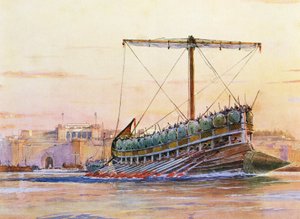 Assyrisk galej, akvarel af Albert Sebille (1874-1953)