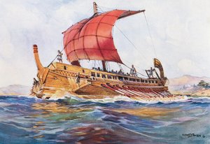 Let skib fra den klassiske græske æra, akvarel af Albert Sebille (1874-1953)