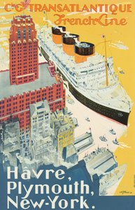Plakat, der reklamerer for ruten Le Havre-Plymouth-New York med rederiet Companie Generale Transatlantigue, kendt som 