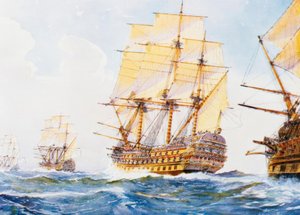 Skibe fra det 18. århundrede i én række i medvind på styrbord side af Albert Sébille