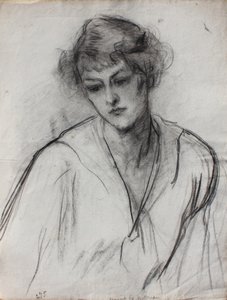 Halvlængde portræt af en ung pige, lænet frem, ca. 1910 (sort kridt på papir) af Albert de Belleroche