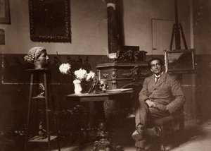 Billedhuggeren Mario Pelagatti i sit atelier, Firenze, 20/11/1920 (s/h-foto) af Alberto Fierli