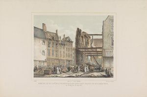 Udsigt over ruinen forårsaget af branden ved Middelburg. søndag den 28. juni 1857. (titel på objekt) af Albertus Anthonius Nunnink