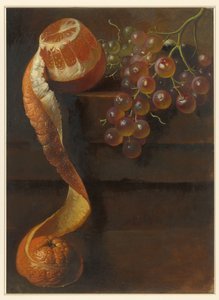 Stilleben med skrællet appelsin og drueklase