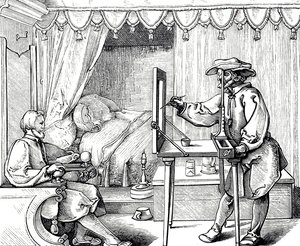 En træsnitsgravering, der forestiller en kunstner, der bruger et tegnehjælpemiddel for at få et portræts proportioner korrekt. Gravering af Albrecht Dürer (1471-1528), en tysk maler, grafiker og teoretiker fra renæssancen