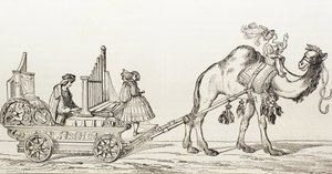 Organisten Paul Hoffaner spiller i en vogn trukket af en kamel, ca. 1880 (gravering)
