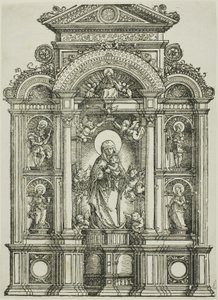 Altertavle med den smukke jomfru af Regensburg og de hellige Kristoffer, Maria Magdalena, Florian og Katarina stående i nicher med Gud Fader over sig af Albrecht Altdorfer