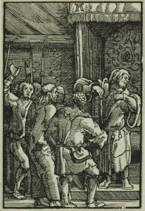 Kristus før Kajfas, fra Menneskets fald og forløsning af Albrecht Altdorfer