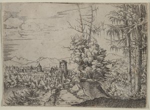 Landskab med to fyrretræer af Albrecht Altdorfer