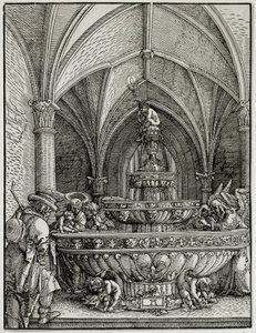Den hellige familie har springvandet. Stik af tyske Albrecht Altdorfer (1480-1538). Louvre-museet af Albrecht Altdorfer
