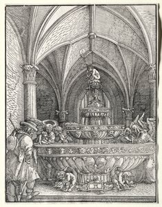 Den hellige familie på flugt til Egypten ved et springvand af Albrecht Altdorfer