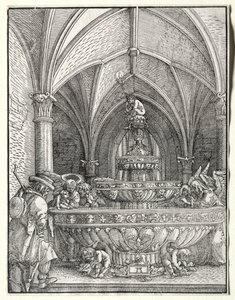 Den hellige familie på flugt til Egypten ved et springvand, ca. 1520. af Albrecht Altdorfer