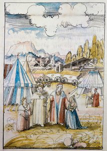 Den kommende kejser Maximilian I, anført af sin far, Friedrich III, møder sin brud, Maria af Burgund, i Neuss ... af Albrecht Altdorfer