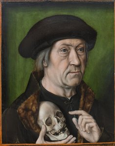 Autoportræt med en kran - Selvportræt med kranie, af Bouts, Aelbrecht (Albert) (1451/54-1549). Olie på træ, ca. 1520. Mål : 42,6x33 cm. Muzeul National Brukenthal, Sibiu