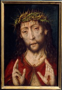 Smertens Kristus. Kristi ansigt i blodsår ved tornekronen med stigmas i håndfladerne. Maleri af Albrecht Bouts (v.1455-1549) Ec. Hol.