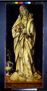 Tidligere vingerne på en triptyk, et par, kvindelige figurer, der personificerer visdom og generøsitet, med bebudelsen (panel; en grisaille verso) af Albrecht Bouts