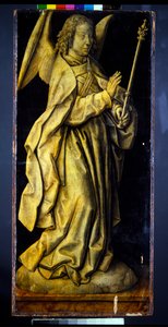 Tidligere fløjene af et triptykon, et par, kvindelige figurer, der personificerer visdom og generøsitet, med bebudelsen (panel; en grisaille verso) af Albrecht Bouts