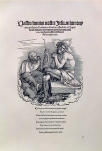 En romersk soldat, der håner Kristus, med kunstnerens navn på latin over og forneden et digt, der beskylder manden for hans synder, titelblad til serien The Great Passion, pub. 1511 af Albrecht Dürer