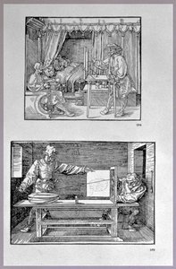 Apparat til at oversætte tredimensionelle objekter til todimensionelle tegninger, to scener fra kunstnerens første tekniske bog Introduktion til kunsten at måle med kompas og lineal, skrevet af Albrecht Dürer