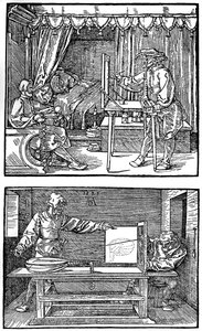 Apparat til oversættelse af tredimensionelle objekter til todimensionelle tegninger, 1525, 1936 af Albrecht Dürer