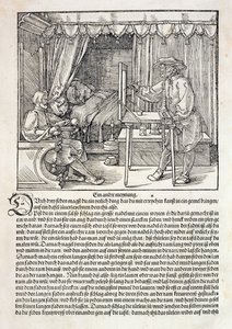 Kunstner bruger Durers tegnemaskine til at male en figur, fra "Kursus i tegnekunst" af Albrecht Durer, udgivet i Nürnberg 1525 (se også 310983) af Albrecht Dürer