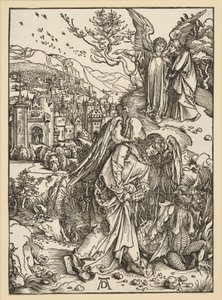 Englen kaster dragen i afgrunden og lukker den inde dér (Apokalypsen) af Albrecht Dürer