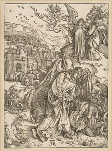 Englen kaster dragen i afgrunden og lukker ham inde (Apokalypsen) af Albrecht Dürer