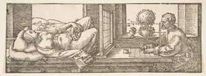 Tegner laver en perspektivtegning af en tilbagelænet kvinde, ca. 1600. af Albrecht Dürer
