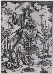Johannes ser de syv lysestager, figur I, blad 3 i serien »Apokalypsen«