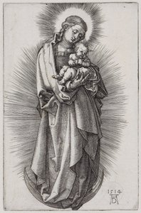 Jomfru med hårbånd i strålekrans på måneseglen af Albrecht Dürer