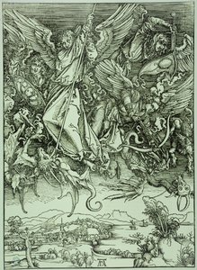 Apokalypsen (latinsk udgave): Sankt Michael besejrer dragen (Bartsch 72) af Albrecht Dürer