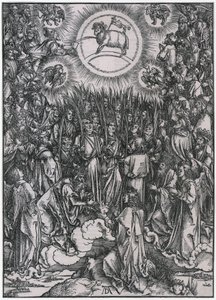 De udvalgtes lovsang i himlen / Tilbedelse af Lammet, figur XII, blad 14 i serien »Apokalypsen« af Albrecht Dürer