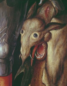 Paumgartner altertavle: detalje af venstre fløj, afbildning af dragens hoved besejret af St. George, ca. 1500 tempera på paneldetalje af 495745 af Albrecht Dürer
