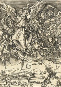 Saint Michael Fighting the Dragon, sandsynligvis ca. 14961498 udgivet 1511. af Albrecht Dürer