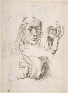 Selvportræt, studie af en hånd og en pude af Albrecht Dürer