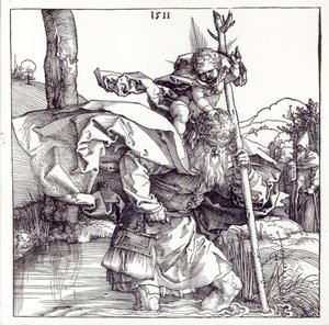 St.Christopher bærer Kristusbarnet, 1511 (træsnit) (bw foto) af Albrecht Dürer