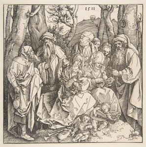Den hellige familie med hellige og to musikalske engle, 1511. af Albrecht Dürer