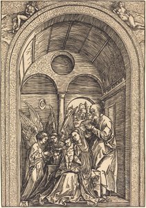Den hellige familie med to engle i en hvælvet sal af Albrecht Dürer