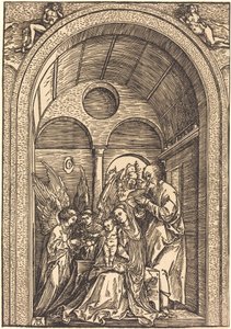 Den hellige familie med to engle i en hvælvet sal af Albrecht Dürer