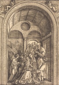 Den hellige familie med to engle i en hvælvet sal, ca. 1504. af Albrecht Dürer