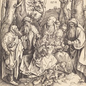 Den hellige familie med to musikskabende engle, 1511. af Albrecht Dürer