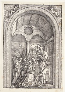 Den hellige familie med to engle i en hvælvet sal af Albrecht Dürer