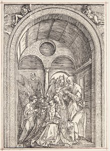 Den hellige familie med to engle i en hvælvet sal af Albrecht Dürer