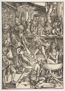 The Martyrium of Saint John, fra The Apocalypse, Latin Edition 1511, ca. 1496. af Albrecht Dürer
