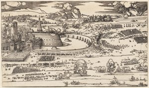 Belejringen af en fæstning (kun venstre side, af 2 blokke) af Albrecht Dürer
