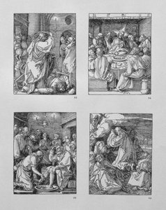 Serien "Small Passion": (med uret): Kristus fordriver vekselererne fra templet; den sidste nadver; Kristus vasker Peters fødder; Agony in the garden, pub.1511