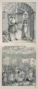 Kejser Maximilian I af Tysklands triumfbue (1459-1519): detalje, der viser to paneler placeret over den venstre portal, der forestiller (øverst) Maximilian I og hans første kone Maria af Bourgogne (1457-82) af Albrecht Dürer